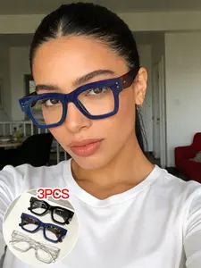 3 Pairs Women's Street Style Square Frame Glasses, Unique Design High Aesthetic Trendy Eyewear, Large Frame for Round Faces, Essential for Daily Use and Photos