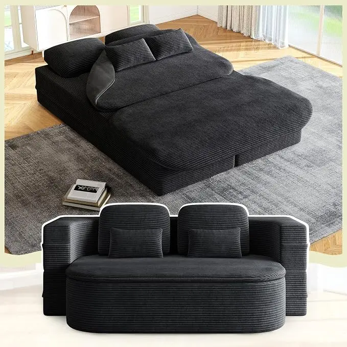 Convertible Sleeper Sofa, Modern Folding Futon Corduroy Floor Foam Compression Loveseat Sofa Bed Couch, Foldable Full Size Guest Bed with 4 Pillows for Living Room Bedroom Apartment, Black