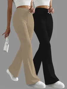 Women's Fall & Winter Pants Set, Ribbed Flare Trousers with Elastic Waistband, Minimalist Plain Design, Casual Fitted Style, Casual Fitted Bottoms