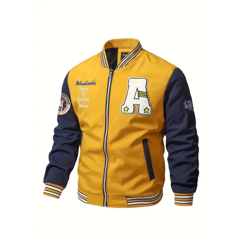 Men's Varsity Baseball Jacket with 'A' Embroidery, Polyester Menswear Tops with Baseball Collar for Fall & Winter, Fashion, Stylish