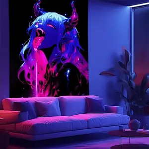 darkness |      Anime Design Neon Tapestry Mysterious Pink Demon Pattern Black Light Aesthetic Room Decoration Party Abstract Theme UV Reactive Wall Tapestry  floral pattern tapestry Hanging Decorative