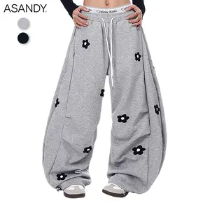 ASANDY Unisex Sporty Jogger Pants with Charming Flower Patch Embellishment & Curved Leg Design for Casual Outings and Lounging Premium Fit