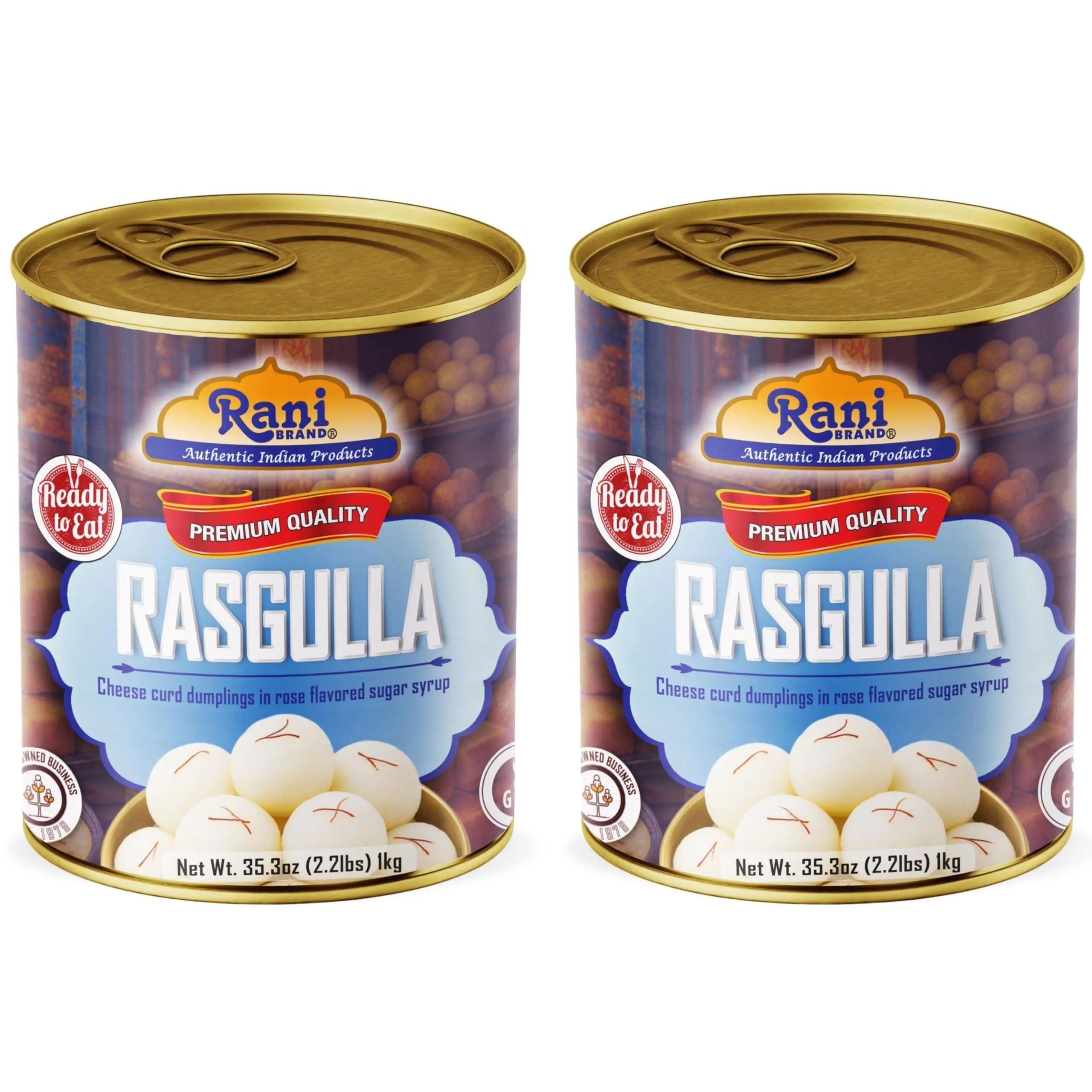 Rani Rasgulla (Cheese Curd Dumplings in Rose Flavor) 35.3oz (2.2lbs) 1kg, Pack of 2, Approximately 14 pieces, Easy Open Lid ~ Ready to eat | Gluten Friendly | Vegan | Non-GMO | Kosher | Indian Origin