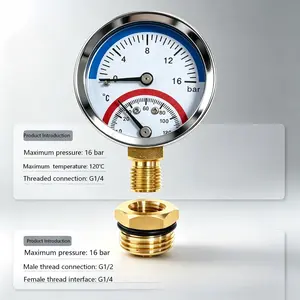 Y50 Radial Temperature Pressure Gauge 0-16bar, 0-120°c, Suitable for G1/2 or G1/4 Thread Interface, Includes Water Seal Tape