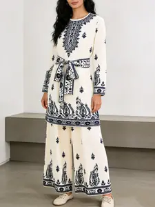 Muslim Women Ethnic Style Casual Belted Print Abaya Set Top + Pants, Fitted Long Sleeve Geometric Pattern, All Seasons Fashion Tunic