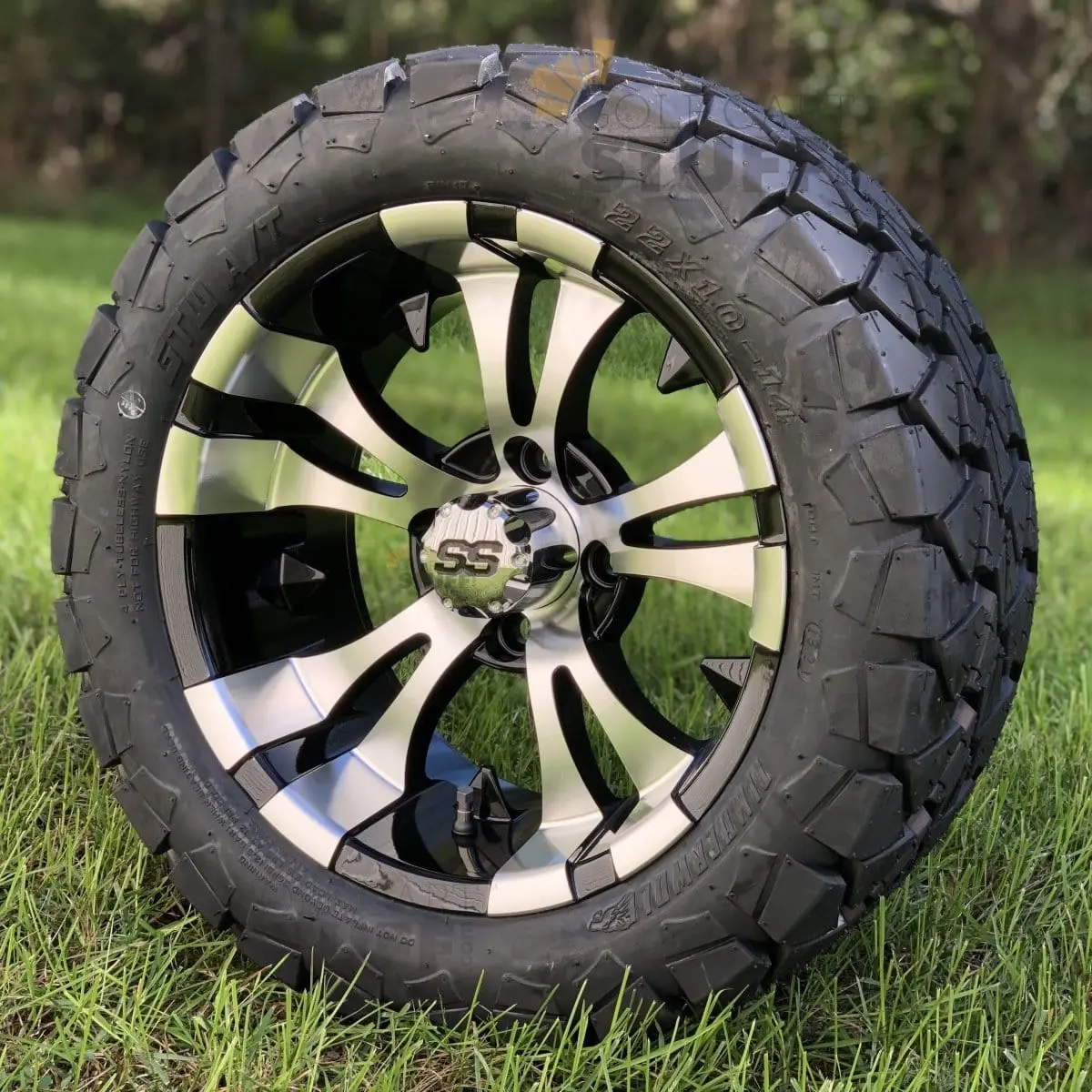 14" Vampire Black/Machined Aluminum Golf Cart Wheels with Chrome Center Caps, 22x10-14 Timberwolf DOT All Terrain Tires Combo for Lift Kit All Terrain Cart - Set of 4
