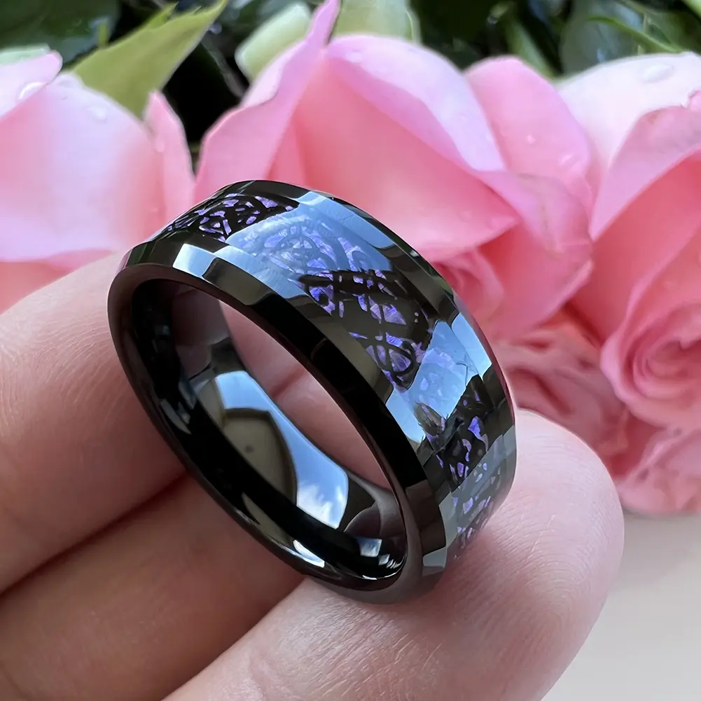 Yonifu 8MM Black Dragon Inlay Tungsten Ring: Purple/Red/Green Accent Men’s Engagement Band