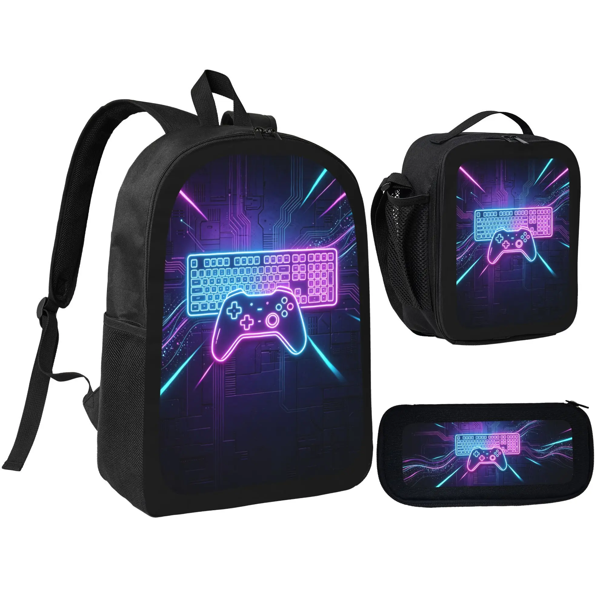 3-Piece Gaming Backpack Set with Lunch Box & Pencil Case - Neon Cyberpunk School Bag for Teens Boys