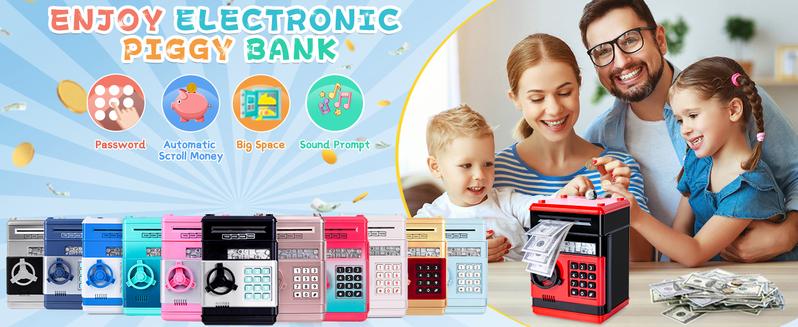 Pink Piggy Bank for Kids with Password Code Lock and Auto Grab Bill Slot, Real Money Cash Coin Can Saving Box Electronic Money Safe Bank, Hot Gift for 4 7 8 9 10 11 Year Old Boys Girls