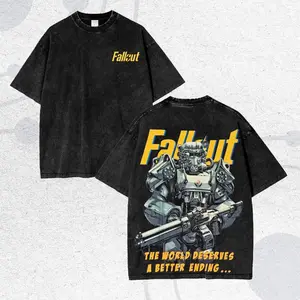 Fallout Power Armor Vintage Wash Oversized Graphic Tee - Premium 100% Cotton Acid Wash Streetwear Shirt for Gamers - High Definition Print Post-Apocalyptic Wasteland Gift - Unisex Retro Fit