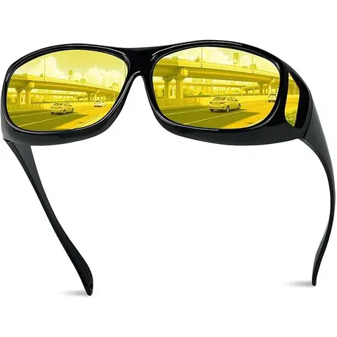 Men's Unisex Non-Prescription Driving Eyewear - 1 Pack Yellow TR90 Wraparound Fit-Over Frames, 151 mm Temple Length Tac HD Polarized Anti-Glare Shatterproof Lenses for Night Clarity & Protection