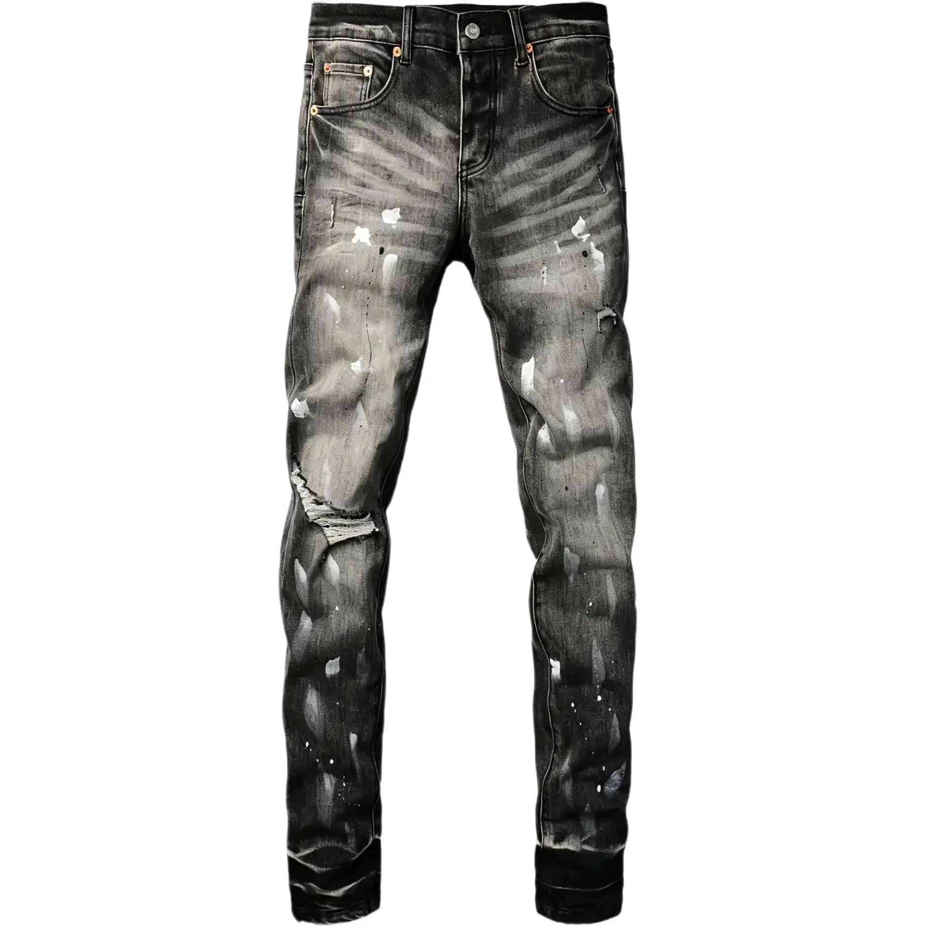 Men’s high-stretch gradient “cat whiskers” tapered jeans; washed slim-fit denim long pants with irregular distressed holes, aged effects, hand-painted ink prints, and white paint graffiti; cone hip-hop five-pocket design; men’s bottoms; slim-fit, stretchy