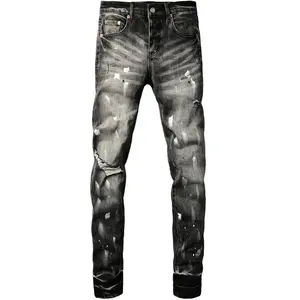 Men’s high-stretch gradient “cat whiskers” tapered jeans; washed slim-fit denim long pants with irregular distressed holes, aged effects, hand-painted ink prints, and white paint graffiti; cone hip-hop five-pocket design; men’s bottoms; slim-fit, stretchy