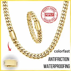 Set 2PCS 14K Gold Vacuum Plated Stainless Steel with Copper Black “S” Clasp Miami Cuban Link Chain 6–14mm Necklace & Bracelet Italy/Mexico Micro Inspired Unisex Luxury Jewelry for Women & Men Daily Wear Mother's Day and Father's Day Gifts