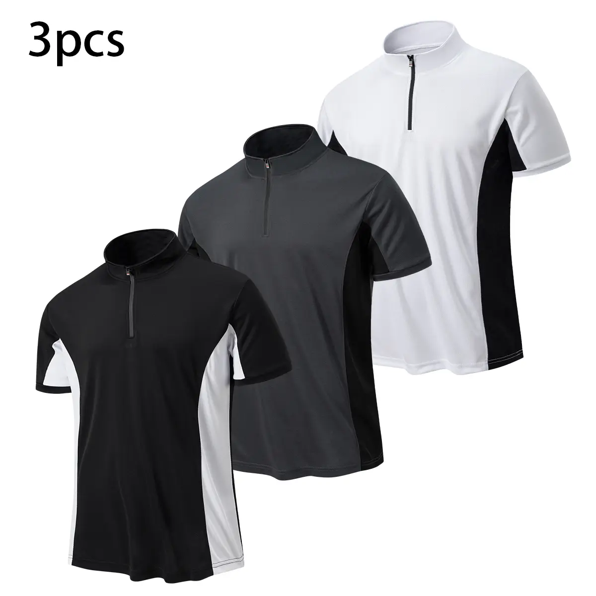 Men's 3-Pack Fitted Athletic T-Shirts, Quick Dry Half-Zip Stand Collar with Contrast Panels for Pre Workout - Sizes S, M, L, Moisture Wicking Tee