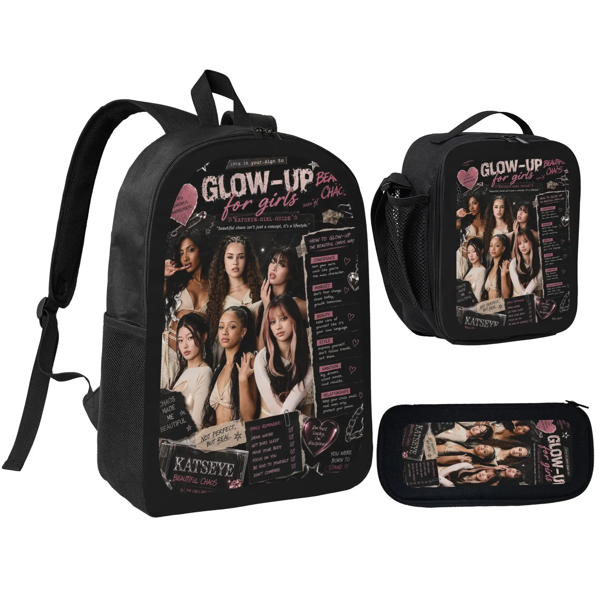 Katseye Music Fan Gift Backpack Set, 3 in 1 Fashion Printed School Bag Combo with Insulated Lunch Bag and Pencil Case, Adjustable Lightweight Daypack for Teen Girls Birthday Holiday Gift