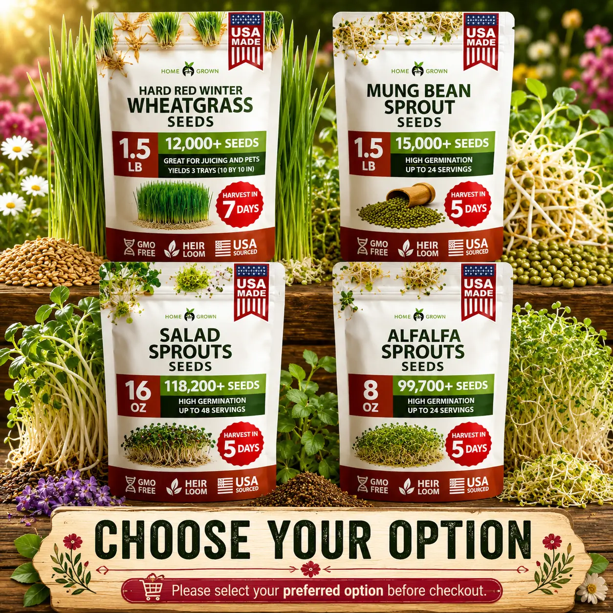 Home Grown Heirloom Sprouting Bulk Seeds Mix for Microgreens & Indoor Home Planting - Open Pollinated Natural Seeds Grass (Wheatgrass, Mung Bean, Alfalfa, Broccoli) - High Germination for Juicing, Smoothies, Home Planting Seeds