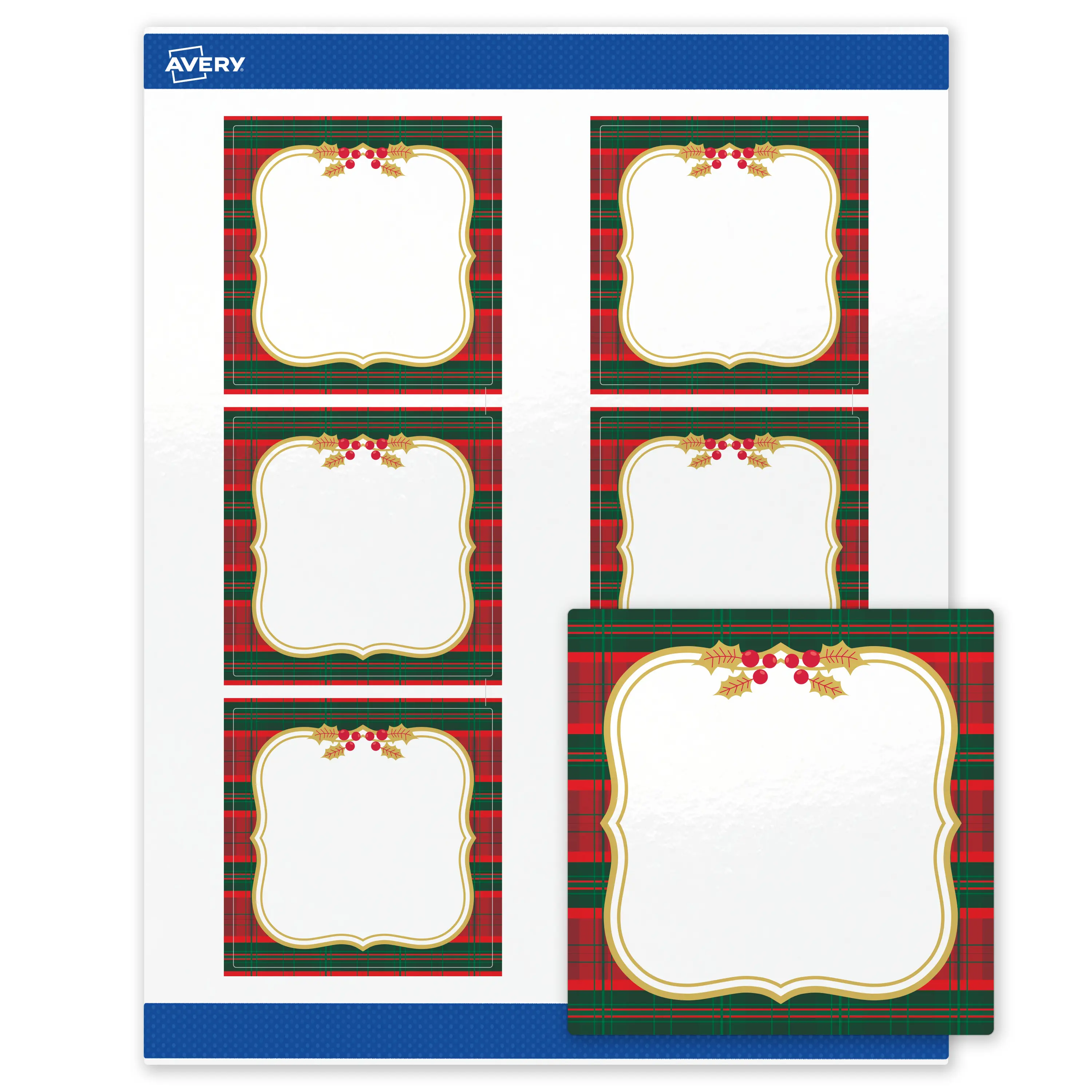 Avery® Printable Christmas Labels with Sure Feed® Technology, Square, 3" x 3", Pre-Printed Red & Green Plaid with Metallic Gold Frame Design, Glossy White, Laser & Inkjet Compatible, 60 Total
