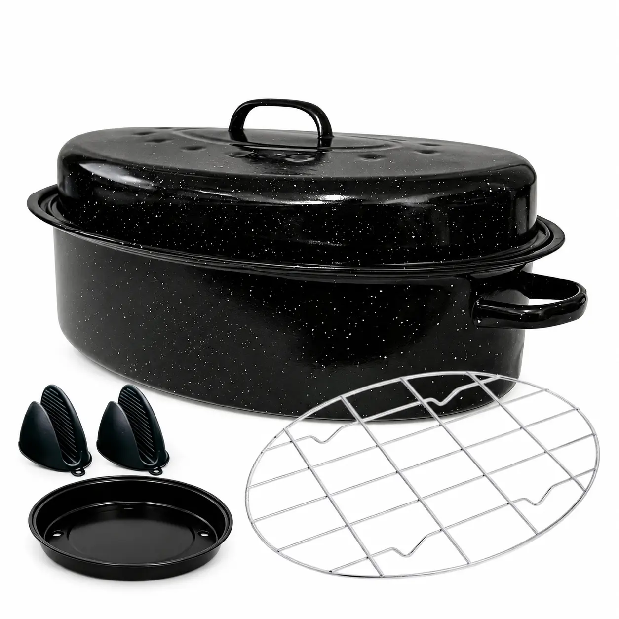 16-in Black Enameled Steel Roasting Pan with Rack - Sturdy Enamel, Heat-Resistant Lid, Dual Side Handles, Tight Seal, Lightweight Kitchen Cookware, Oven-Safe, Fits All Heat Sources, Ideal for Baking, Turkey Roasting