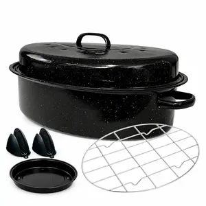This 16-inch enameled roasting pan has sturdy enamel, heat-resistant lid and dual side handles. It seals tightly, fits all heat sources, and works great for baking, slow cooking and turkey roasting for gatherings and picnics.