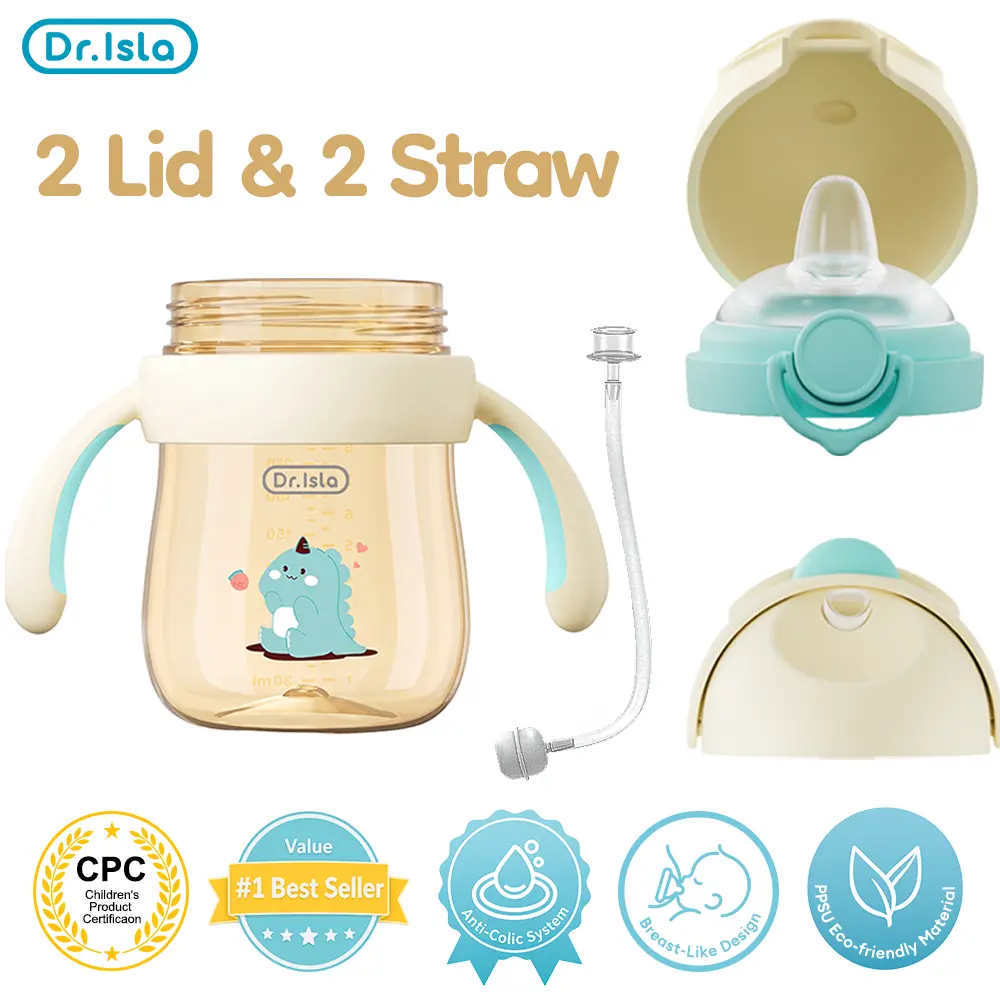 Dr.Isla PPSU 9oz Sippy Cup for Toddlers, Anti-Colic Training Cup 6M-3Y, Leakproof Weighted Straw Cup, Buy 1 Cup Get 1 Nipple Lid Free, Eco-Friendly, 356°F Heat-Resistant, BPA-Free, Non-Slip Handle, Boys Girls Professional Transition Bottle