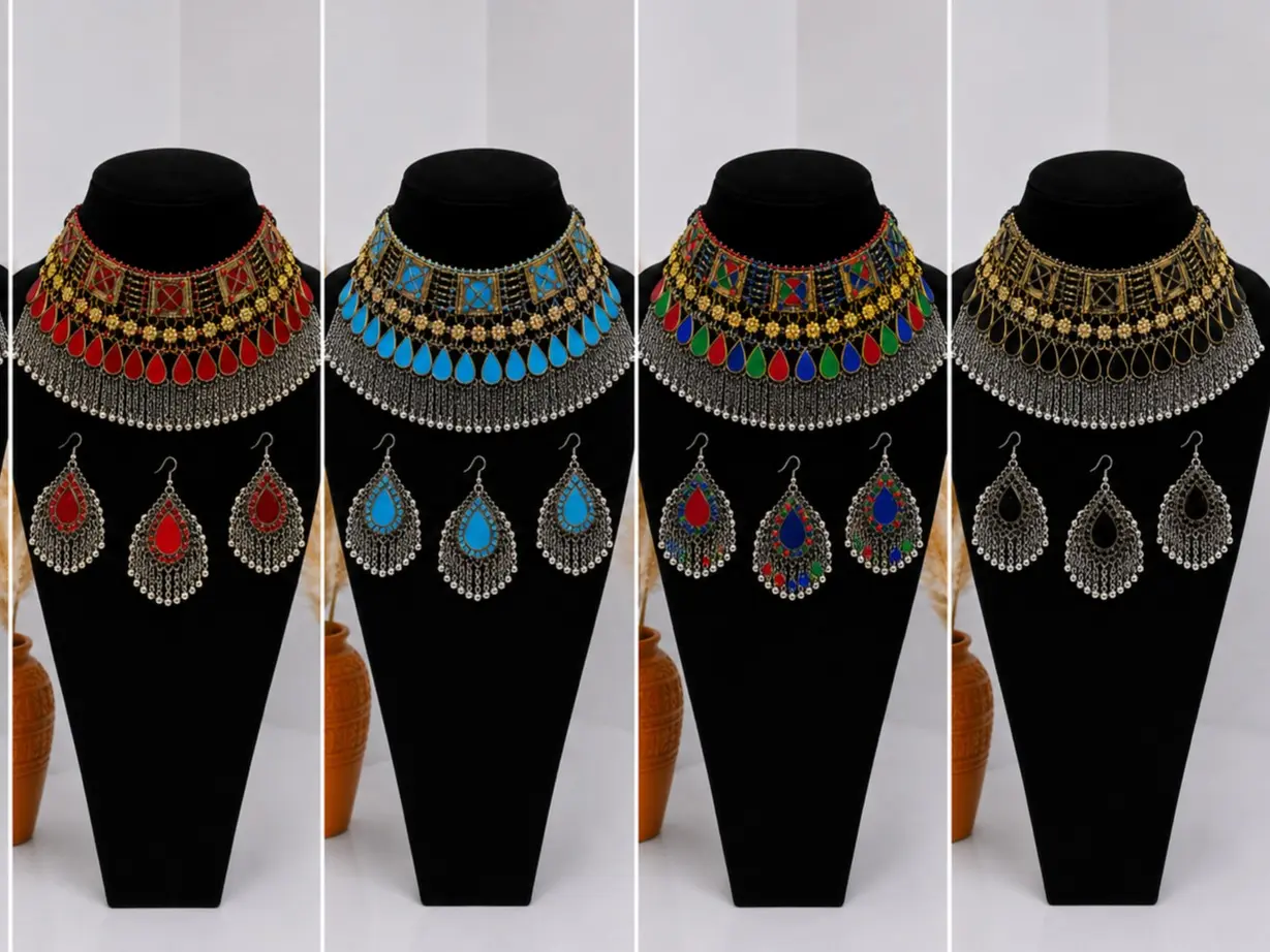 Women's Silver-Tone Traditional Afghan Kuchi 3-Piece Costume Jewelry Set - Necklace, Earrings for Weddings, Eid Celebrations