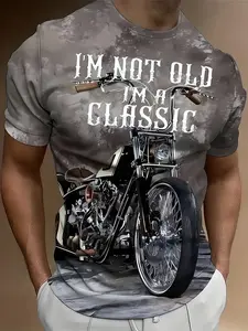 Men's Classic Motorcycle Gradient Print Round Neck Tee, Loose-Fitting Casual Long Sleeve Top, Trendy Harley Biker Style