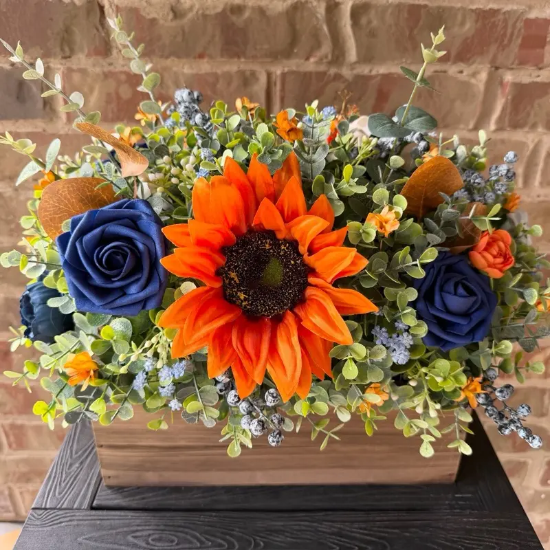Navy Orange Sunflower Floral Arrangement – Rustic Wooden Crate Centerpiece – Farmhouse Autumn Decor
