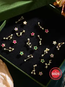 925 Sterling Silver Fashion Star & Twelve Constellation Design Stud Earrings, Asymmetric Earrings, Jewelry for Party, Daily Decor, Trendy All-match & Exquisite Jewelry for Birthday Gift