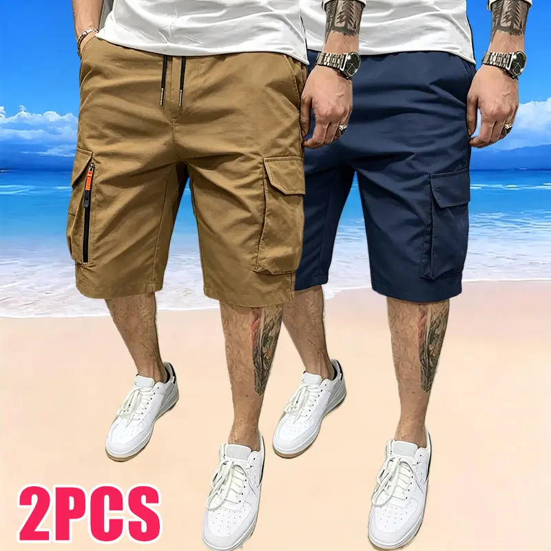 2-pack cargo shorts. New trendy design. Loose. Sports mid-length shorts (5 styles). Zipper detail; men’s summer casual pants suitable for outdoor sports, everyday streetwear, casual outings, and cargo shorts.