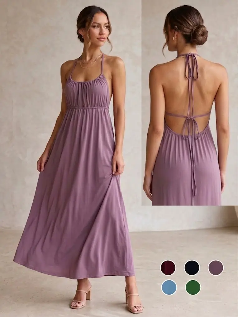Women's Open Back Spaghetti Strap Beach Maxi Dress Loose Flowy Vacation Sundress Backless Cami Dress Sleeveless Long Cami Lounge Dress for Indoor Summer Wear