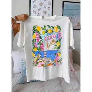 Women's Lemon Print Round Neck Tee, Vintage Trendy Casual Short Sleeve T-shirt for Daily Wear, Ladies Summer Outfit, Top, Womenswear