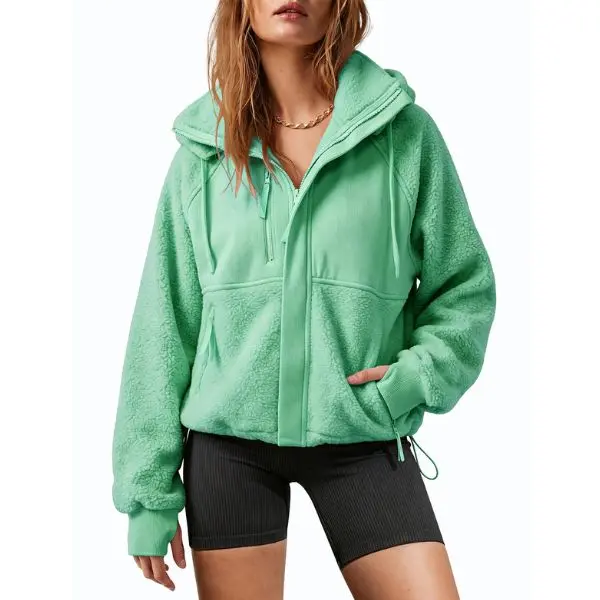 Fisoew Women Sherpa Fleece Zip Up Hooded Jacket Color Block Cropped Teddy Coat Drawstring Hem Warm Winter Outerwear