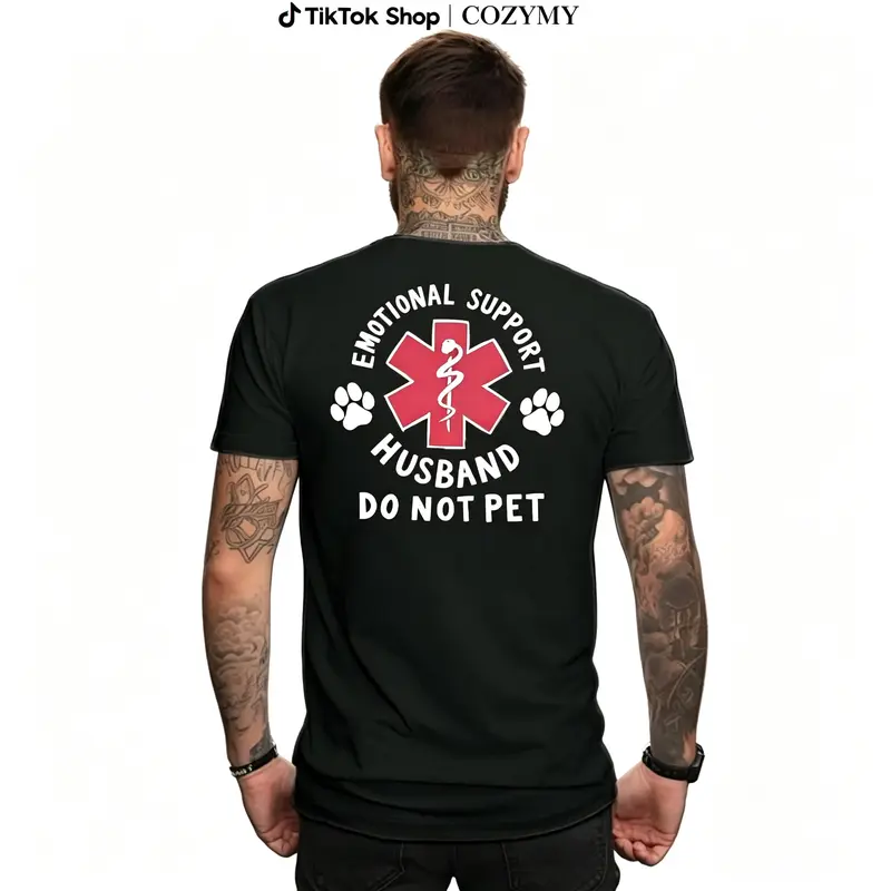 Men's Cotton Classic Casual T-Shirt - Men's T Shirts Chic Graphic Tees, Funny Do Not Pet Medical Symbol Emotional Support Spouse Gift for Husband, Short-Sleeve Crew Neck Party Top