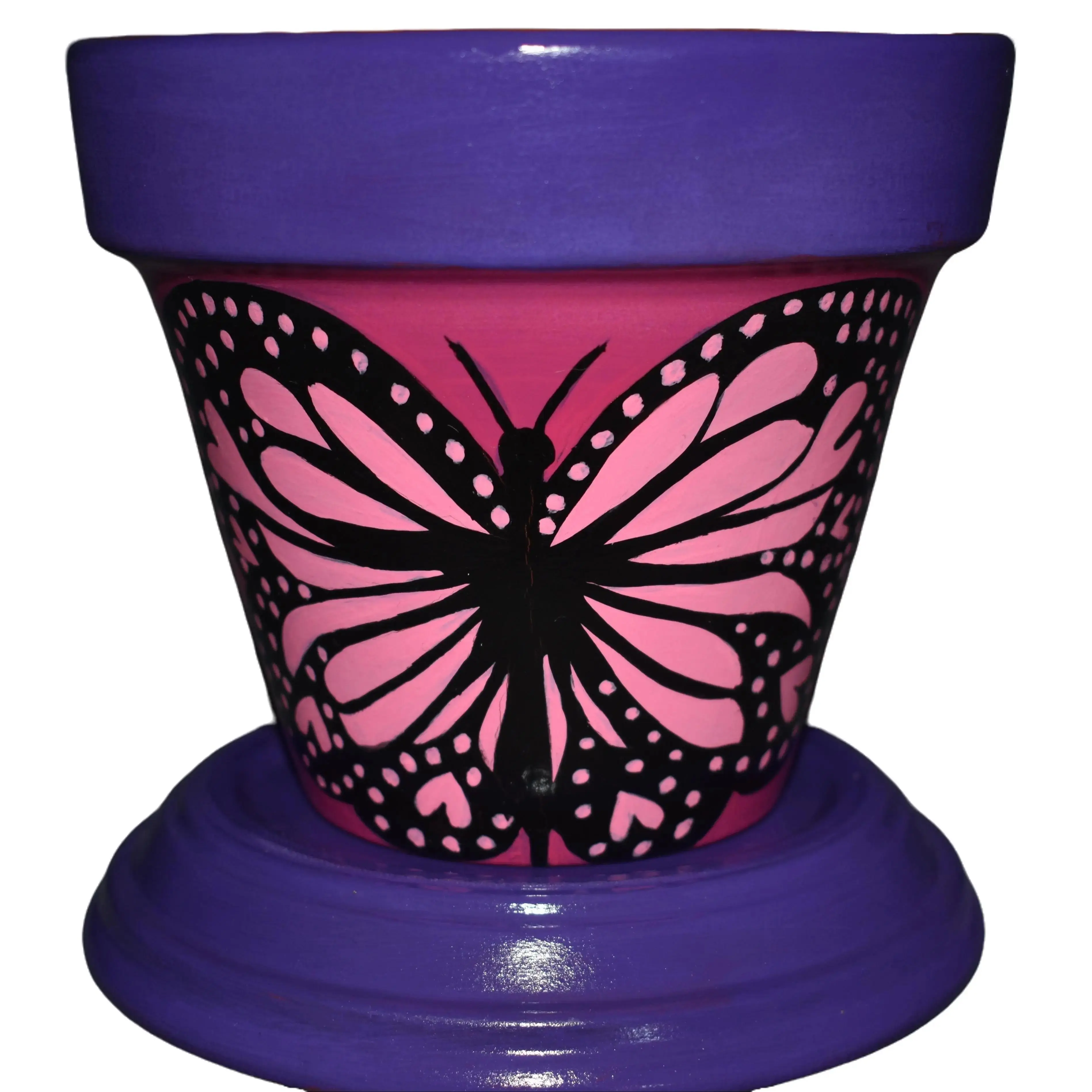 Pink Purple Butterfly Hand-Painted Terracotta Pot - Acrylic, Waterproof Coating, Includes Matching Saucer, Unique Design, Indoor/Outdoor Garden Decor