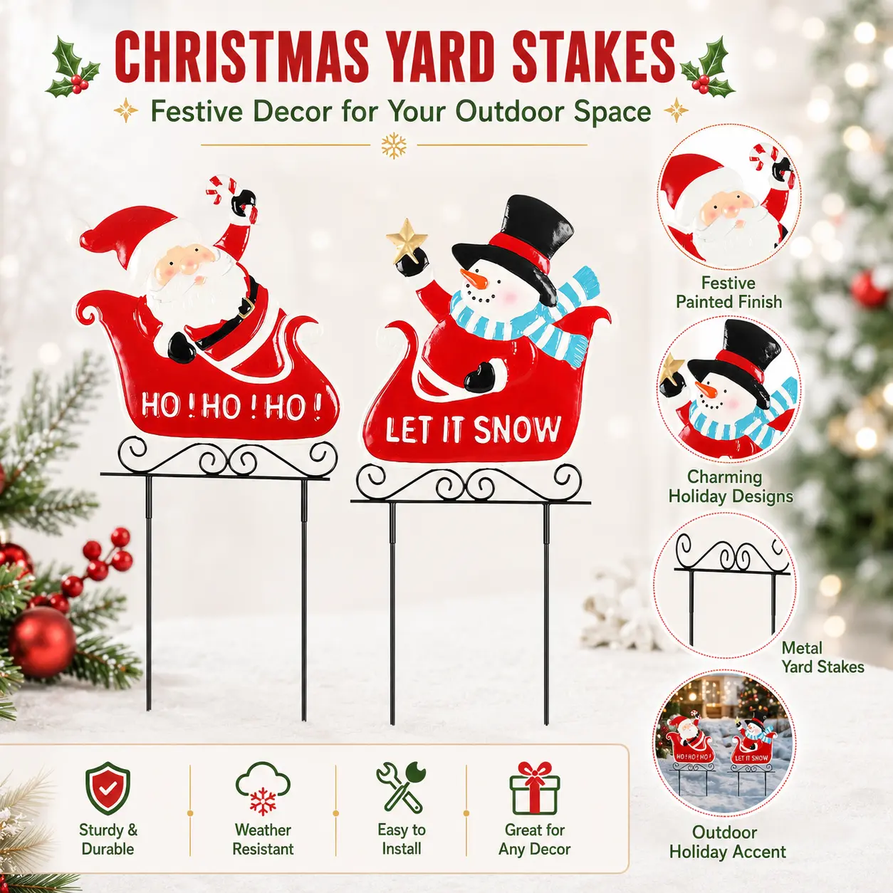 Magical 2-Pack Christmas Yard Sign Ornaments - Santa & Snowman Sleigh Form Lawn Stakes, Adjustable Height Holiday Decor for Front Yard, Porch
