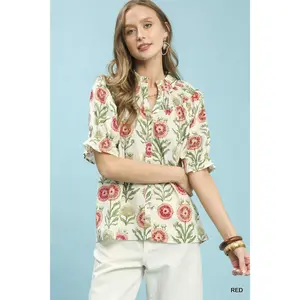 Umgee Floral Button-Front Short Sleeve Top