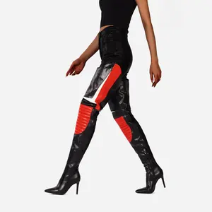 FEINLINA Women's Chic Slender High Heels With Color Matching Knee Length Boots Stiletto Pointed Toe Zipper Closure Colorblock Design Stylish Footwear