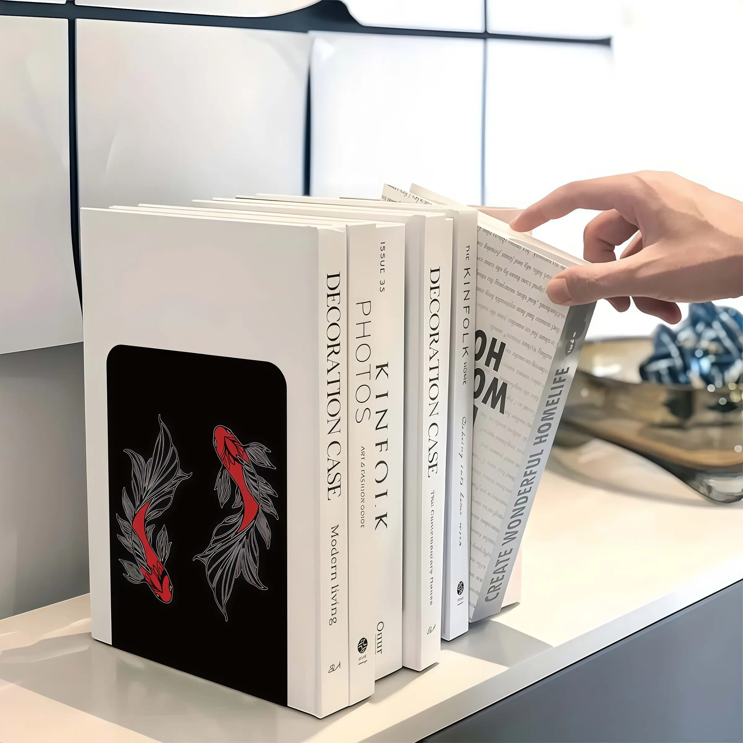 2-Pack Koi Print Bookends L-Shaped Desktop Decor Heavy-Duty Book Stands for Office Library Study Durable Shelf Decoration Ideal Gift for Book Lovers Decorative Book Ends Desk Accessories Aesthetic Office Supplies