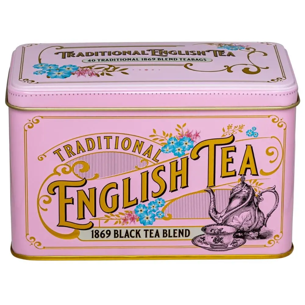 New English Teas Vintage Victorian Tea Tin with 40 Fine 1869 Blend English Teabags (Pink) | English Breakfast Tea, Gifts for Tea Lovers
