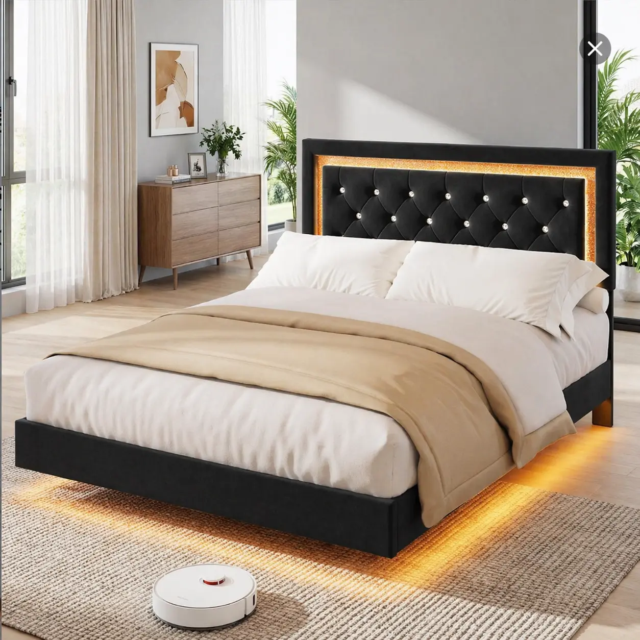 SA-Garvee Floating Bed Frame with Smart LED Lights, Upholstered Bed Frame with Diamond Tufted Headboard, Solid Wood Slats Support, Noise-Free, No Box Spring Needed, Easy Assembly, Available in Full to King and Multiple Colors