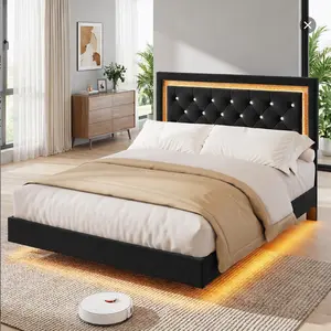 SA-Garvee Floating Bed Frame with Smart LED Lights, Upholstered Bed Frame with Diamond Tufted Headboard, Solid Wood Slats Support, Noise-Free, No Box Spring Needed, Easy Assembly, Available in Full to King and Multiple Colors