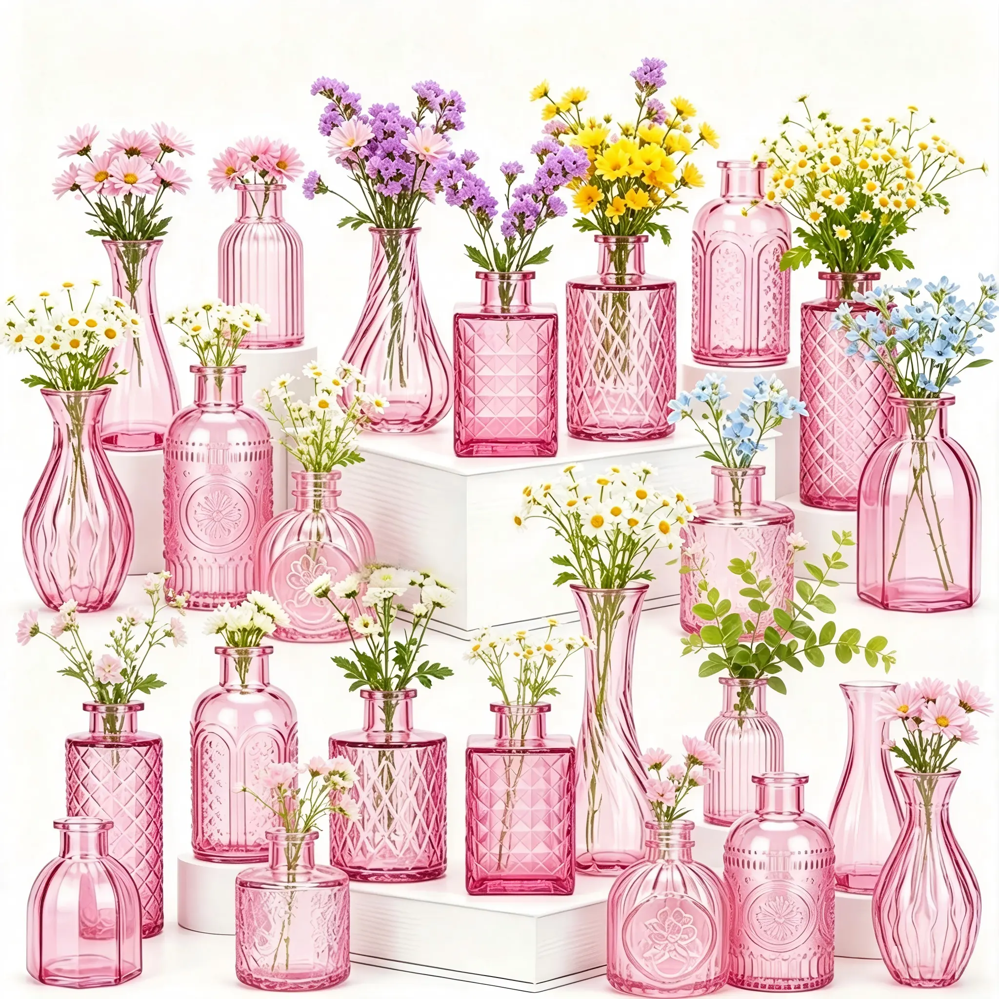 Clear Pink Glass Bud Vase Set of 24 Pcs,Small Bud Vases in Bulk,Glass Crystal Flower Vases Table Centerpieces for Party Event Wedding Decor Baby Shower Decorations (Pink, 24 Pcs)