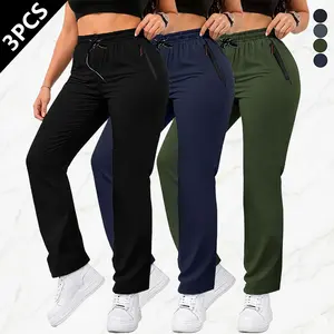 Pack of 3. Women’s fashion solid-color athletic pants featuring a drawstring waist and zippered pockets; zippered pocket design suitable for outdoor sports and everyday outdoor wear for women.Summervibes