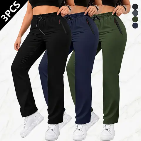 Pack of 3. Women’s fashion solid-color athletic pants featuring a drawstring waist and zippered pockets; zippered pocket design suitable for outdoor sports and everyday outdoor wear for women.Summervibes,sohochic