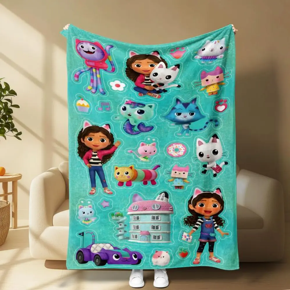 Gabby’s Dollhouse Cartoon Print Traditional Flannel Throw Blanket - Breathable, Lightweight, Soft, Cozy, Wrinkle-Resistant, Skin-Friendly, All-Seasons Warm - Sofa Bed Use, Perfect Christmas Gift for Child Fans, Breathable Lightweight Blanket, Cartoon Prin