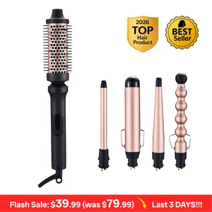 Multi-Curl 5-in-1 Ceramic Curling Wand Set,thermal brush,Interchangeable Ceramic Curling Barrels, Tapered & Bubble Curling Wand, Instant Heat Curling Iron, Blowout Brush Styling Tool for Loose Waves, Tight Curls, Volume, Bangs, curling irons, Gift