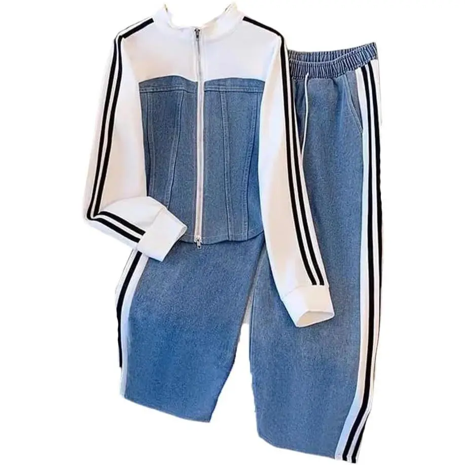 Women's Plus Size Preppy 2-Piece Striped Denim Set - Long Sleeve Stand Collar Zippered Coat, Elastic Jeans, Casual High Neck Streetwear Outfits, Patchwork Contrast Jackets