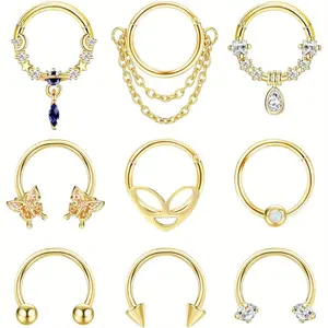 FIBO 9Pcs Stainless Steel Septum Ring Set for Women 16 Gugae Septum Nose Rings Horseshoe Cartilage Hoop Helix Tragus Piercing Jewerly summerwins