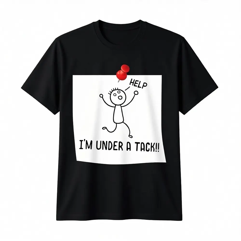 Men's Plus Size 100% Cotton Round Neck Short-Sleeve T-Shirt - "Help! I'm Under a Tack!" Stick Figure Graphic, Breathable Streetwear Clothes, Casual Menswear Top
